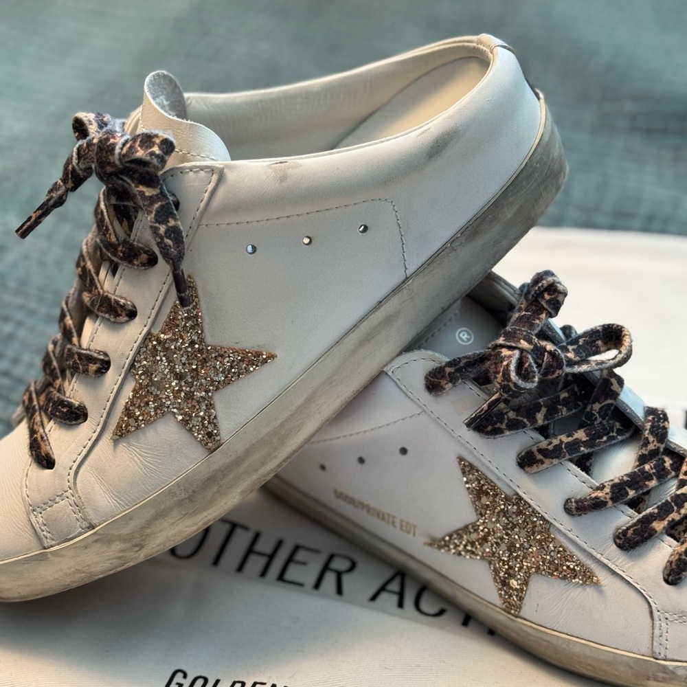 Golden Goose White and Gold Star Sneakers with Leopard Laces